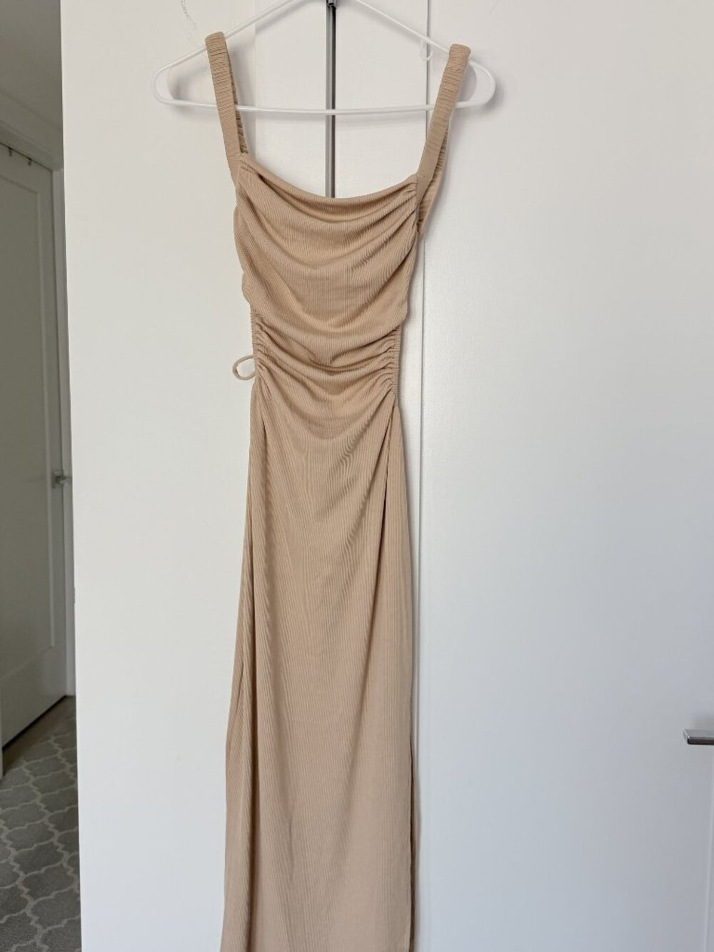 Princess Polly Ribbed Ruched Lace-Up Back Midi Dress Beige